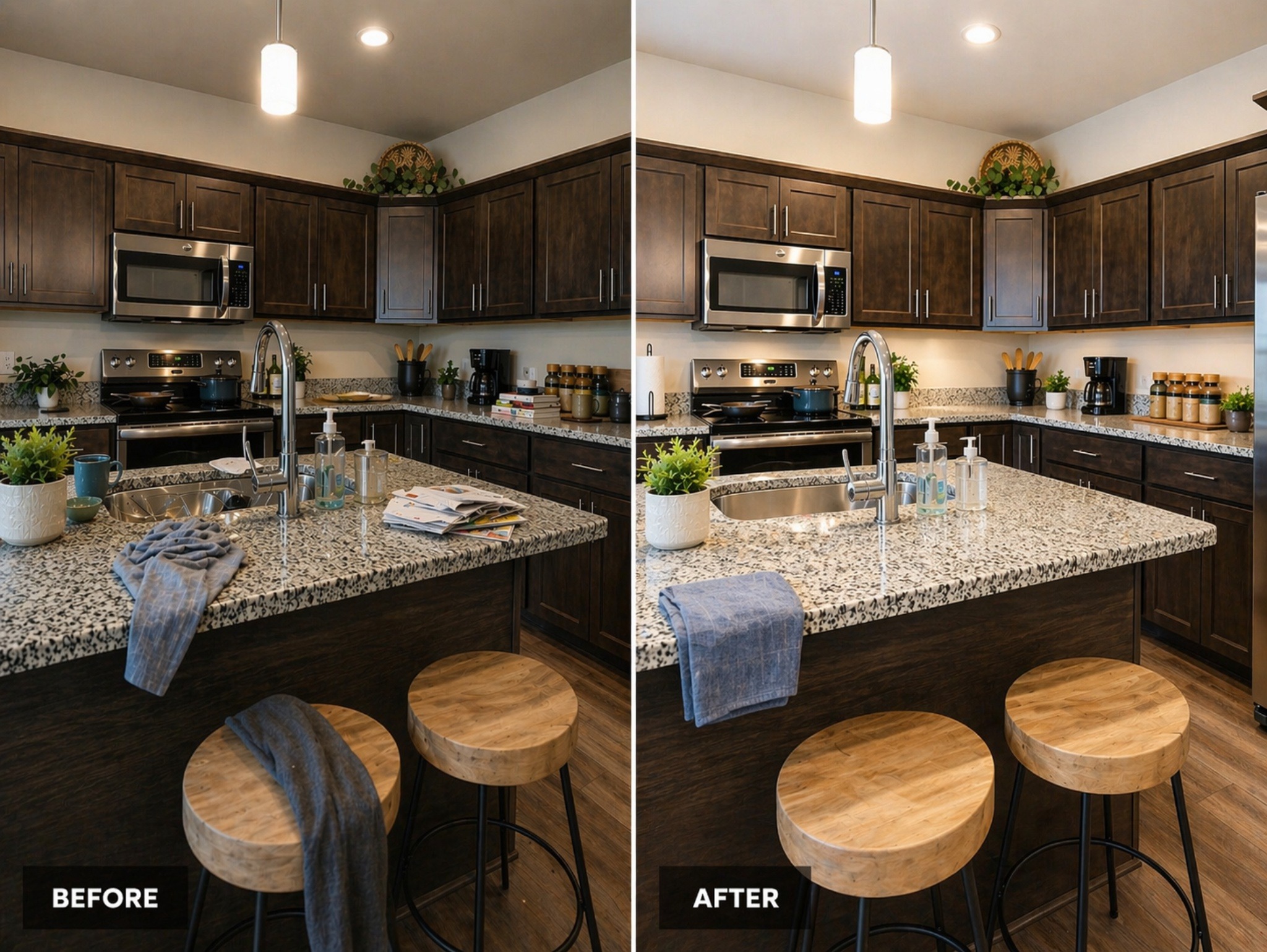 Kitchen before and after house cleaning in Naperville showing maintained home condition