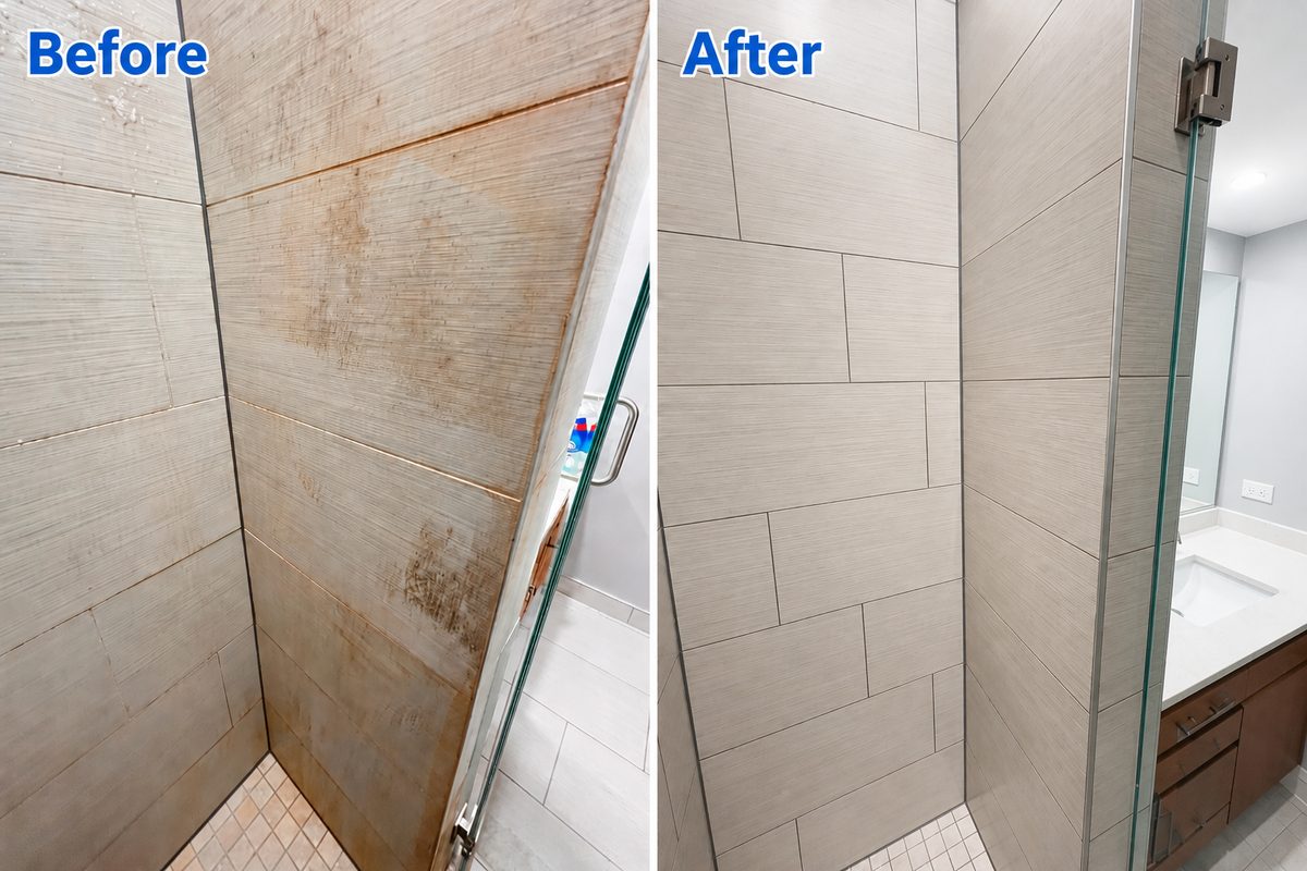 Shower tile before and after a deep clean in Naperville.